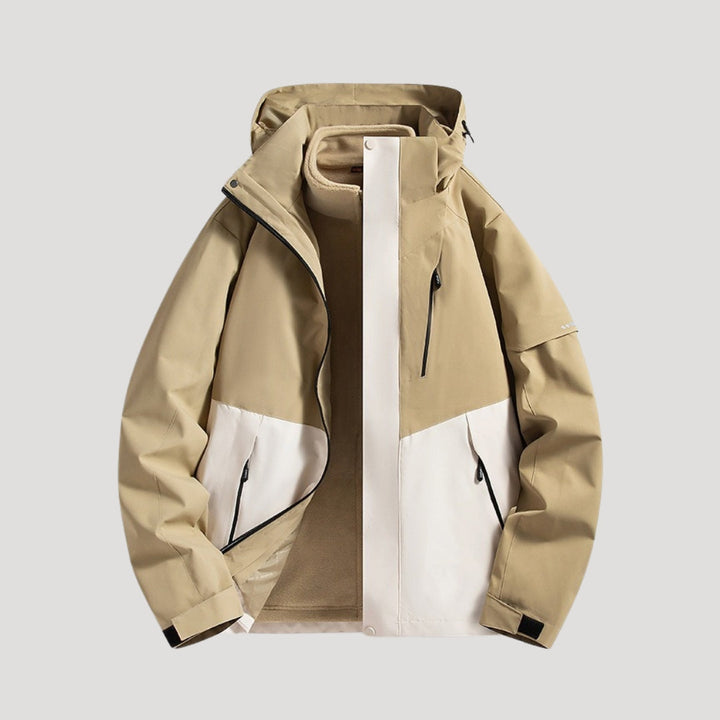 Back view of hooded outdoor coat for women showing windbreaker length