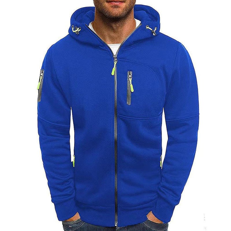 Men's active lifestyle hoodie interior lining and zipper construction close-up