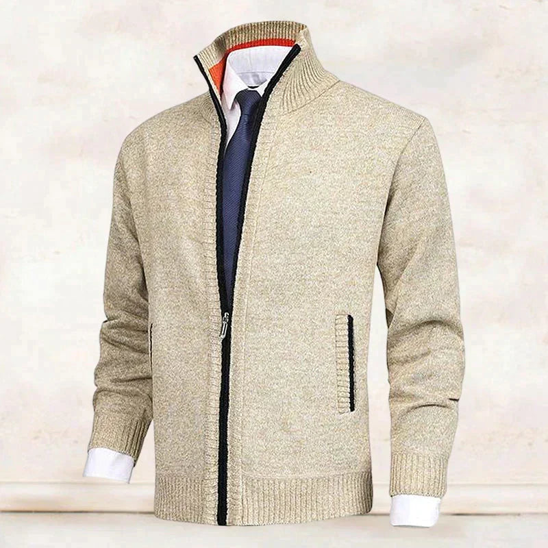 Close-up of the front zipper detail on a men's stylish knit cardigan sweater