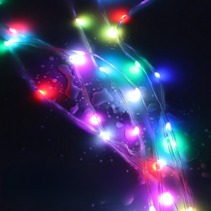 RGBIC LED fairy lights glowing on a dark wall for holiday party lighting