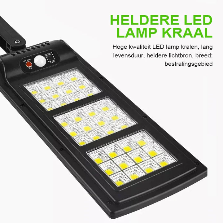Solar security light mounted on outdoor wall, illuminating dark pathways with bright LED beams.
