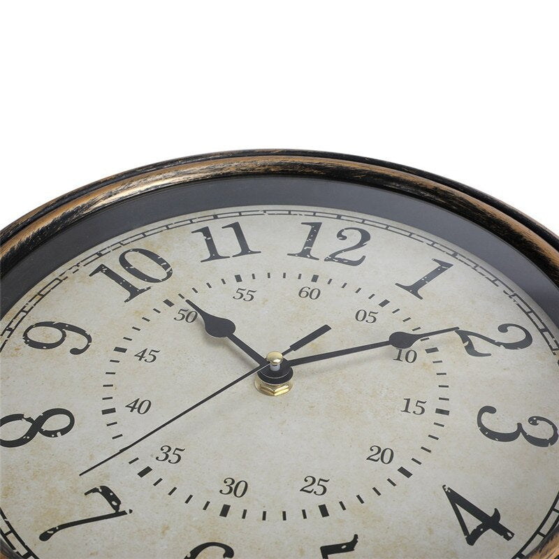 Retro timepiece wall clock featuring a silent mechanism and wood-look design
