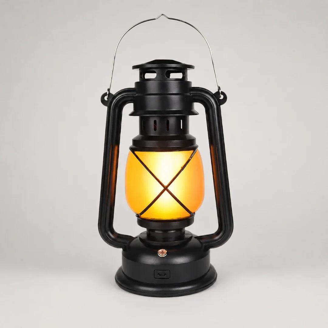 Black vintage rechargeable led flame lantern on neutral background