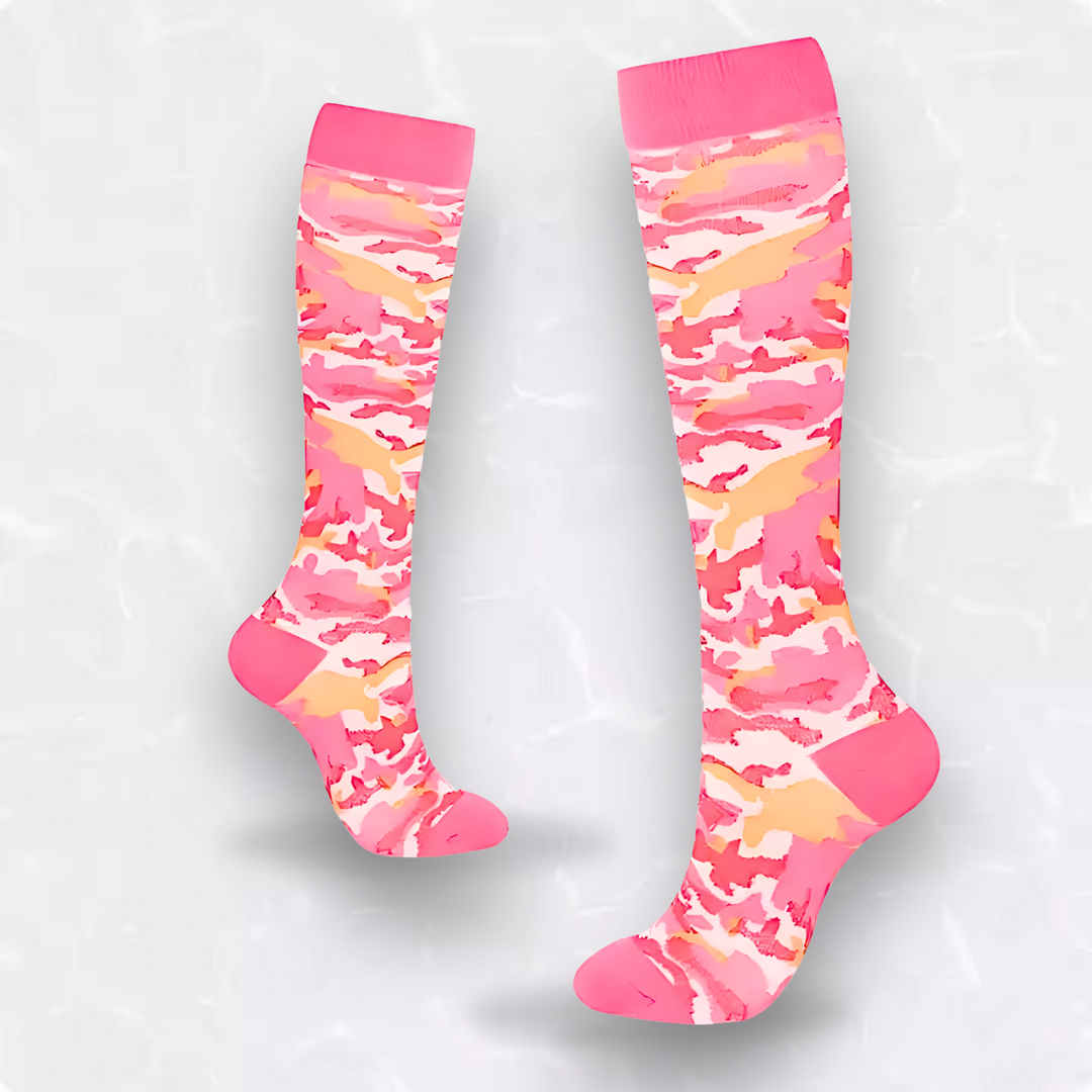 Pair of pink camo patterned compression socks