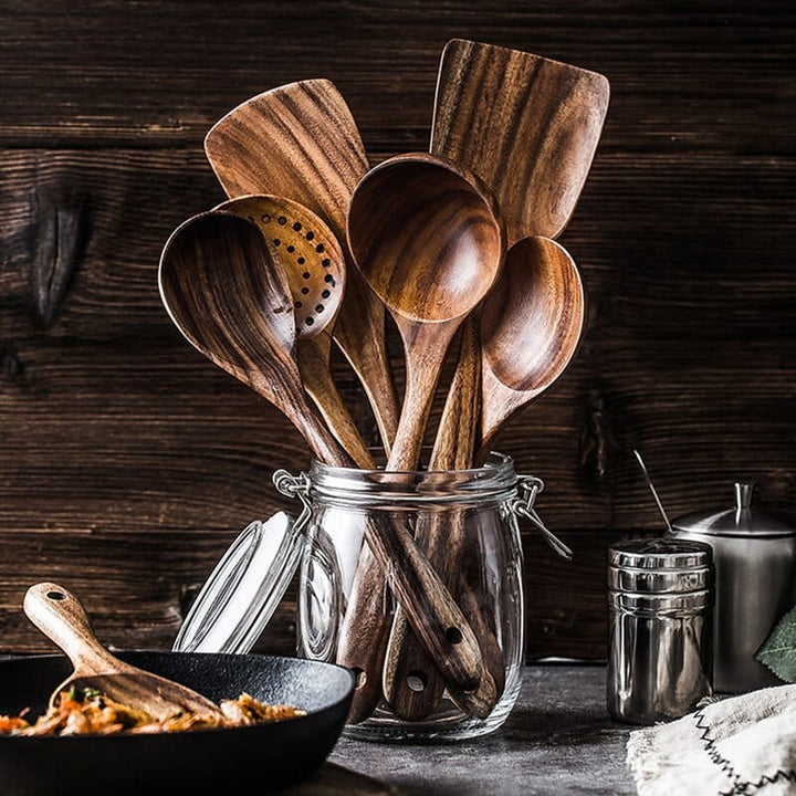 Durable kitchen utensils from a wooden cooking utensil set on a counter