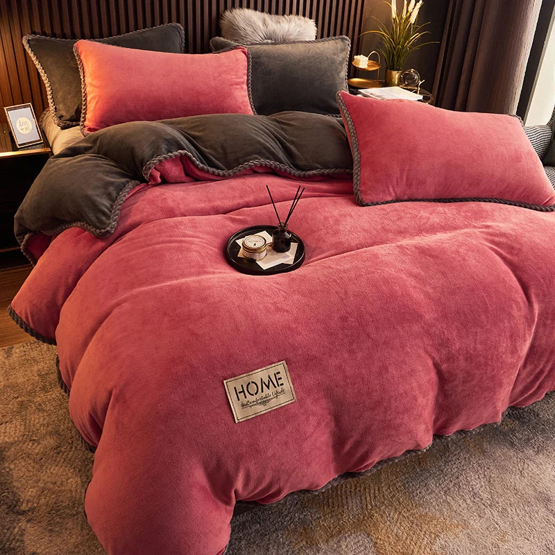 Luxurious winter bedding set featuring soft velvety texture and decorative pillows