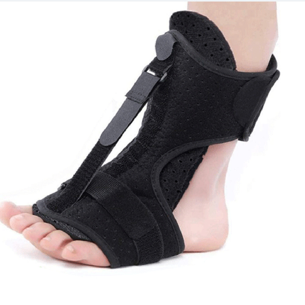 Adjustable foot and ankle splint worn on a foot showing the top aluminum support bar