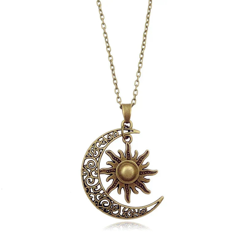 Vintage celestial sun and moon pendant necklace in gold finish