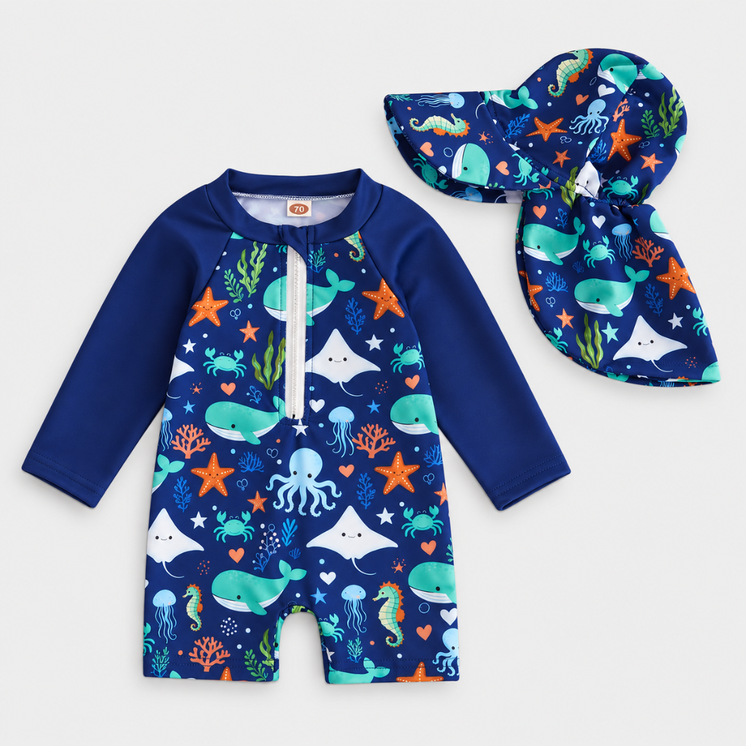 Navy blue ocean animal print long-sleeve one-piece rash guard swimsuit with matching sun hat