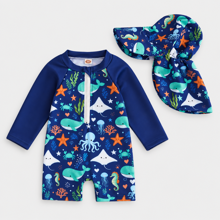 Navy blue ocean animal print long-sleeve one-piece rash guard swimsuit with matching sun hat