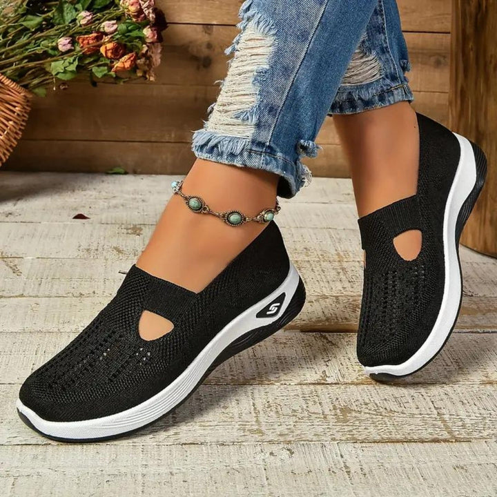 Close-up of comfortable casual shoes showing durable traction outsole and cushioning