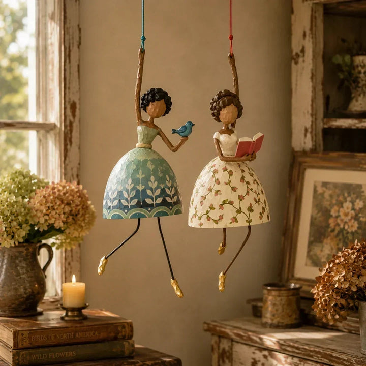 Folk art dancing lady figurine hanging in a vibrant garden setting
