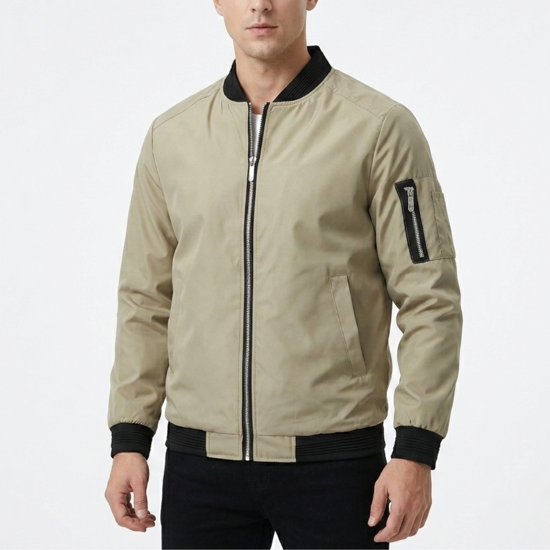 Side profile of men's bomber jacket displaying tailored fit and fabric texture