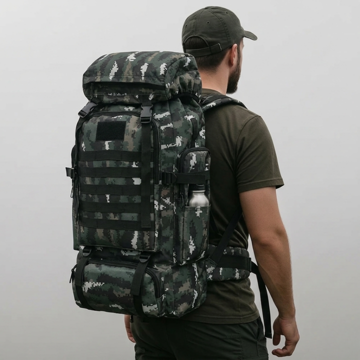 Unisex travel backpack compressed view showing durable buckle closures