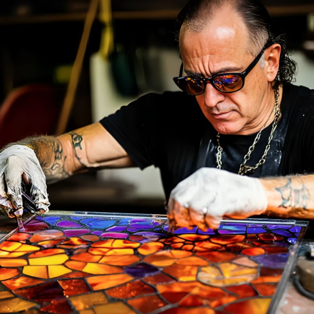 Artisan crafting a colorful mosaic glass panel by hand