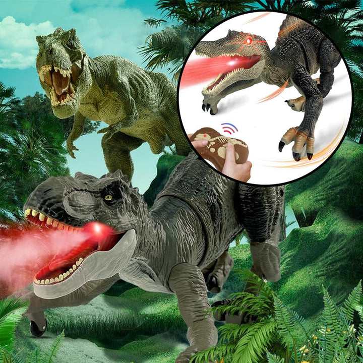 Green Tyrannosaurus Rex remote control dinosaur with glowing eyes and mist effect in jungle setting