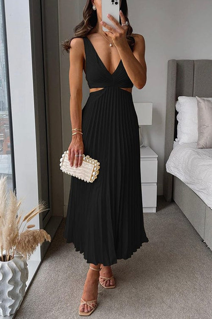Side profile of the women's party dress showing the flowy silhouette