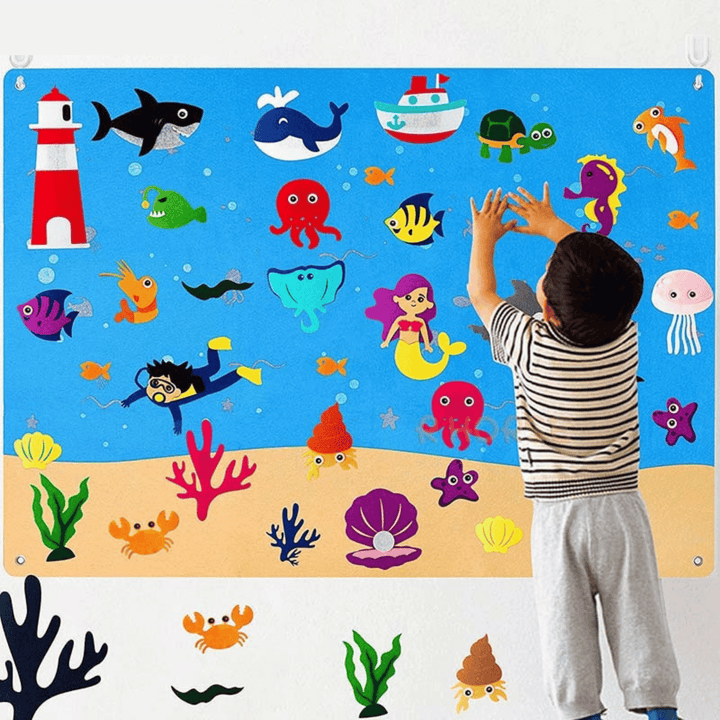 Detailed view of tactile felt board texture and colorful interactive play pieces