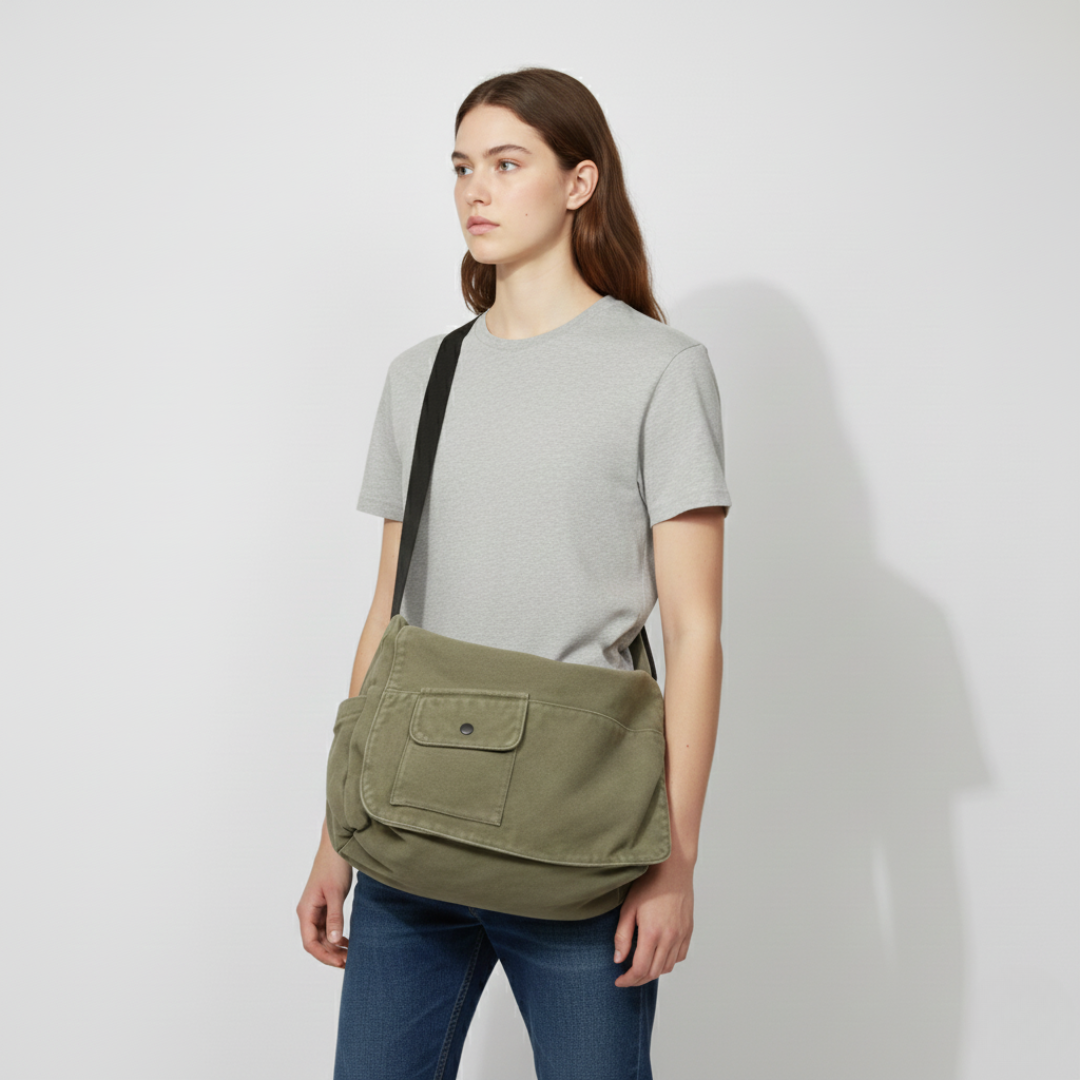 Side profile of the large canvas messenger bag showcasing width and durable stitching.