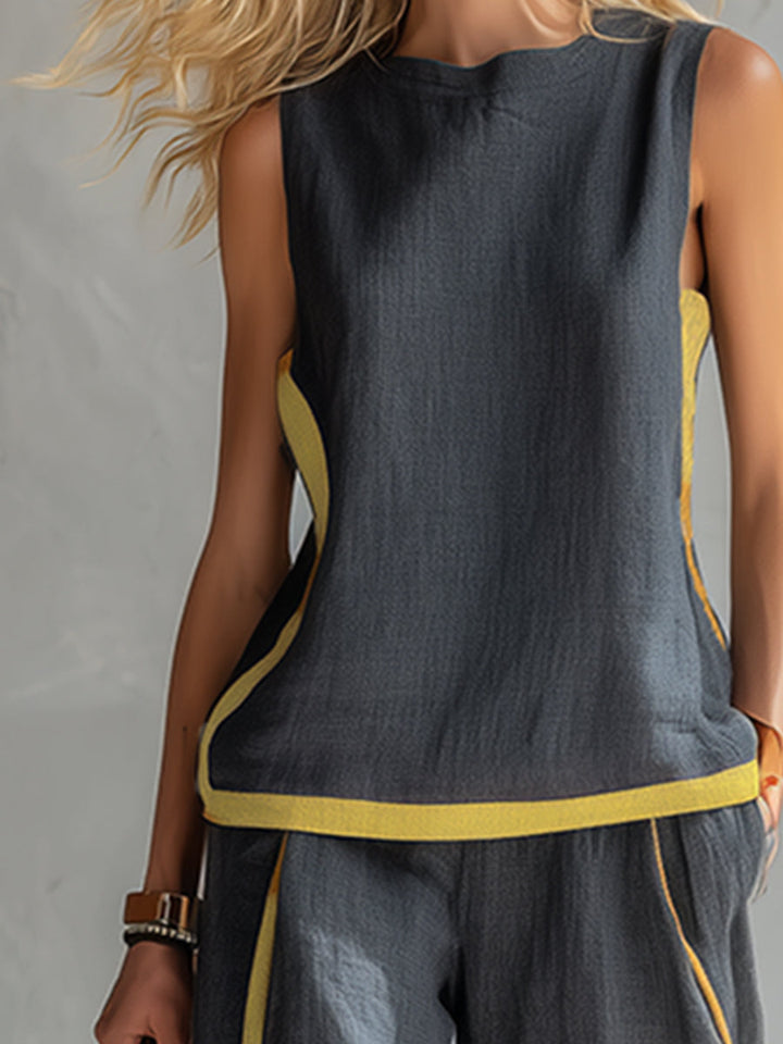 Close-up of the sleeveless top from the women's two-piece wide leg pants set