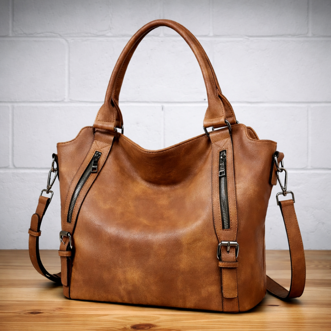 Marcella quilted strap handbag in rich brown resting on a wooden surface