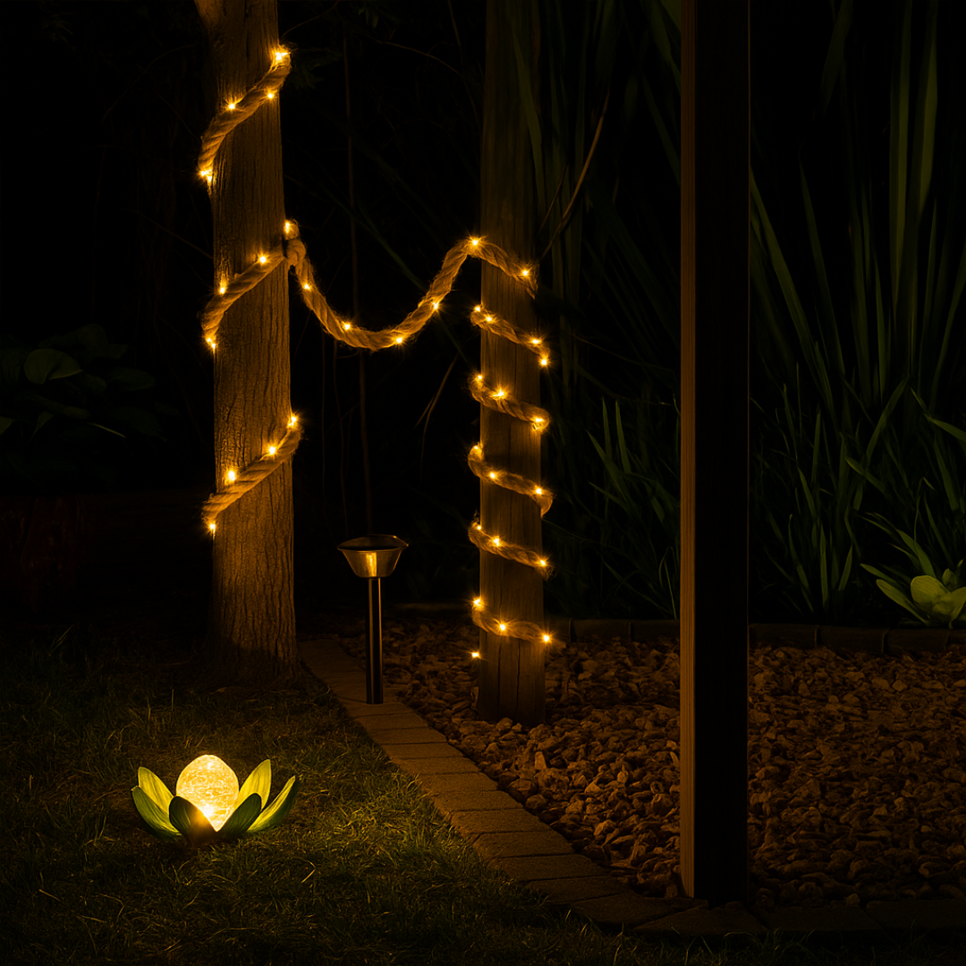 EmberTwine solar rope light draped between trees in a dark garden