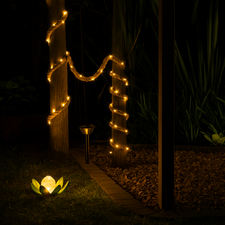EmberTwine solar rope light draped between trees in a dark garden