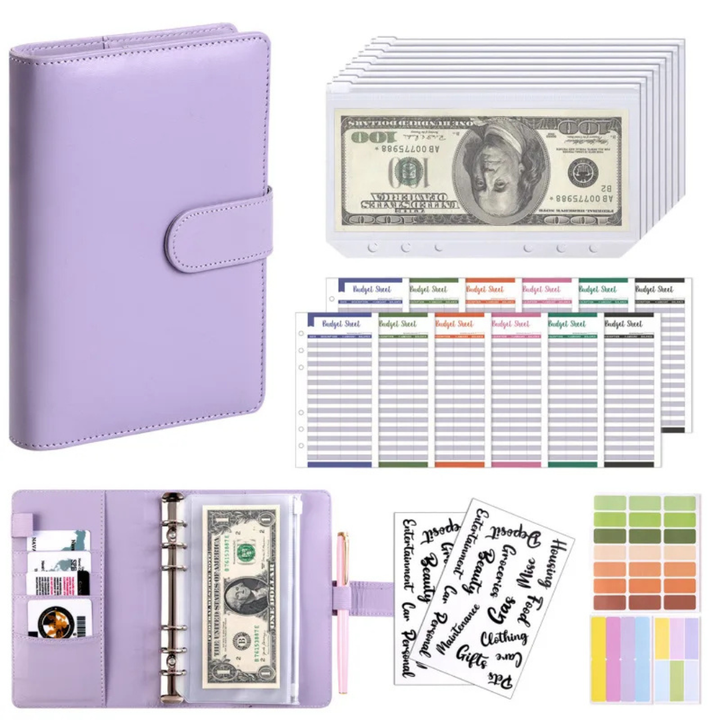 Open a6 binder displaying cash management pockets and lined notes