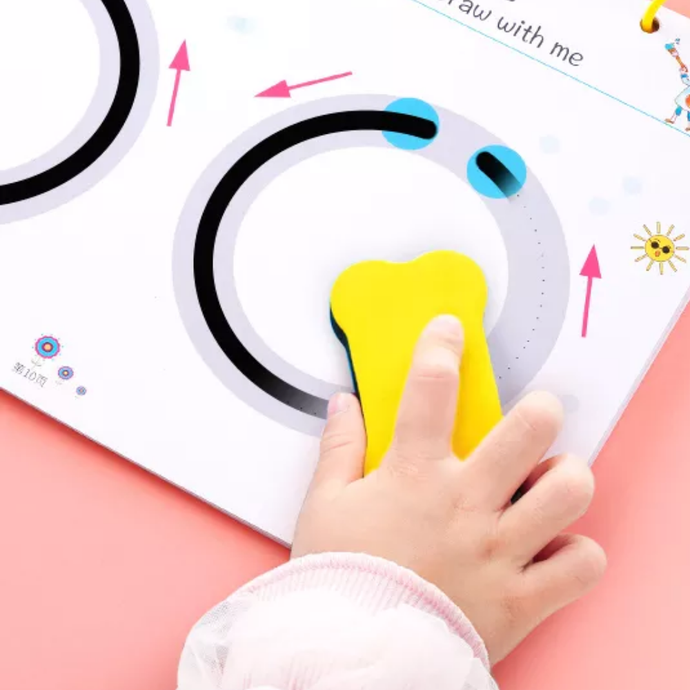 Children learning activity set showing trace and wipe writing practice pages