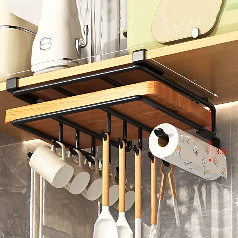 Double layer upgrade kitchen hanging organizer with hooks holding mugs and paper towels