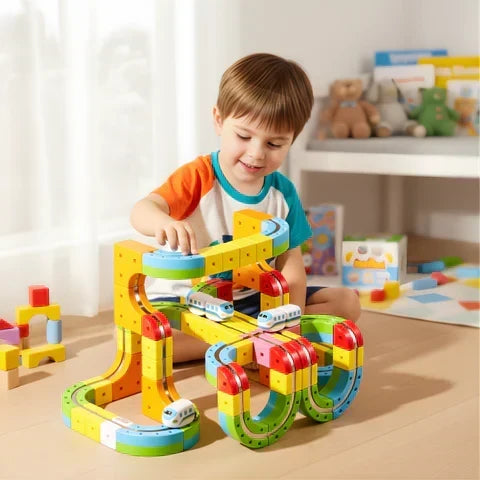 Young boy playing with the magnetic train construction set on a wooden floor