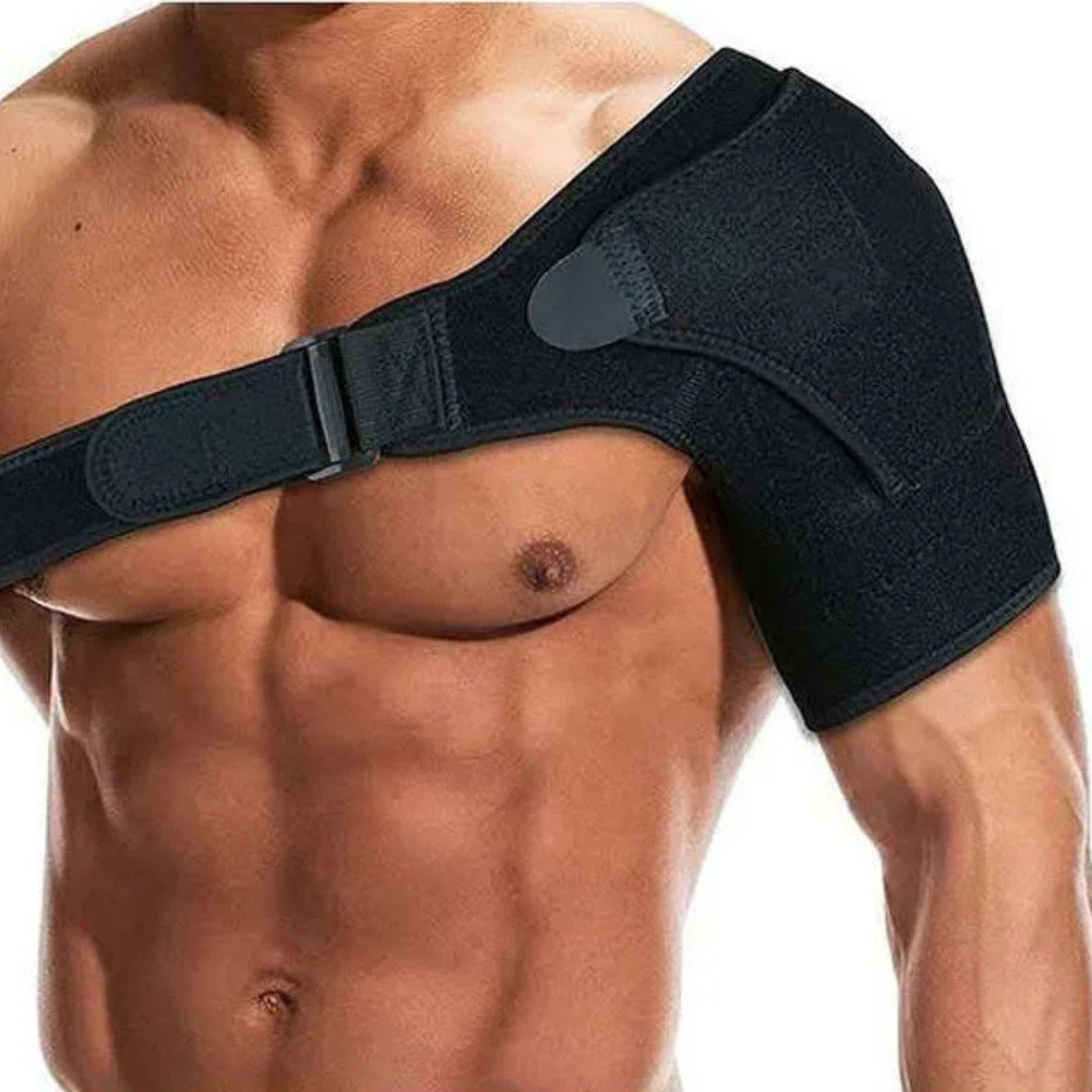 Detailed view of adjustable fastening straps on shoulder support brace