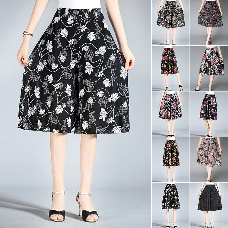 Women's vintage floral wide leg culottes in black with white botanical pattern