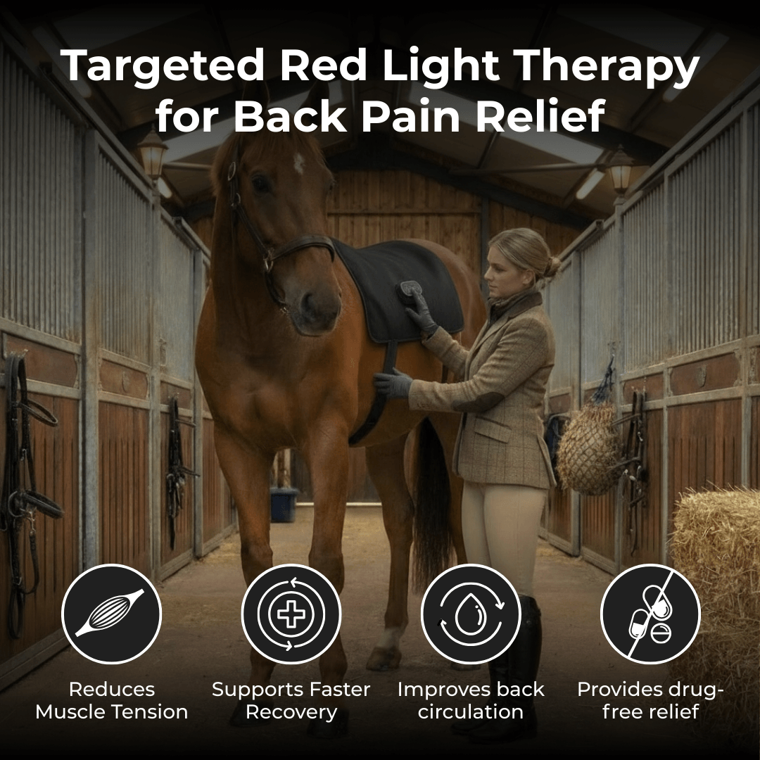Equestrian standing next to a horse in a stable with promotional text overlay about red light therapy