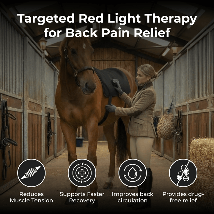 Equestrian standing next to a horse in a stable with promotional text overlay about red light therapy