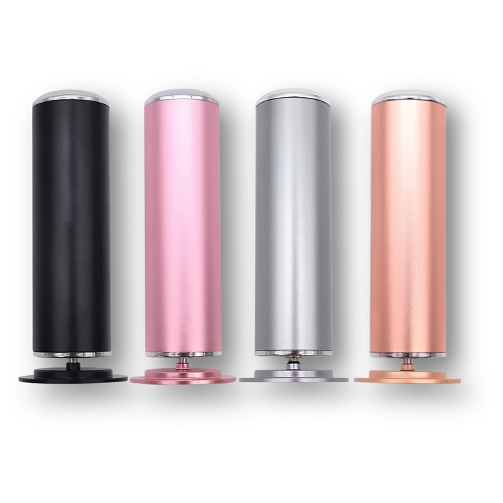 Full lineup of electric foot callus removers in black, pink, silver, and gold against a white background