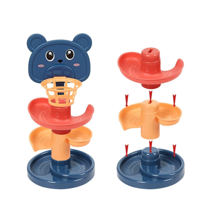 Baby toy ball tower showing top drop opening and colorful sliding tracks