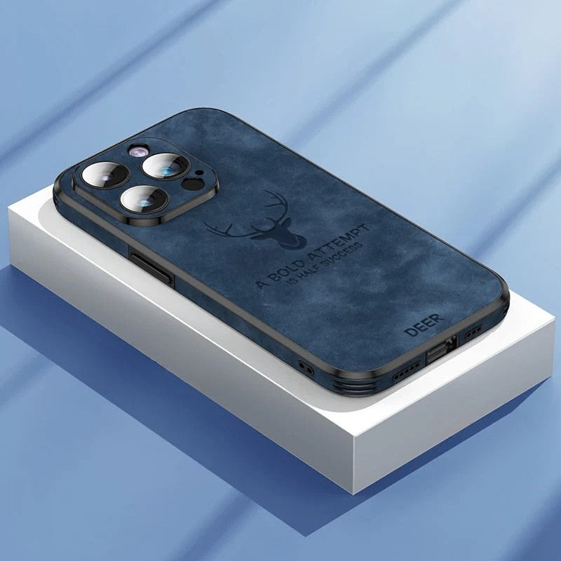 Blue luxury iPhone case with deer graphic displayed on a light blue surface
