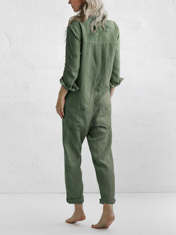 Close-up of button front detail on women's casual one piece jumpsuit