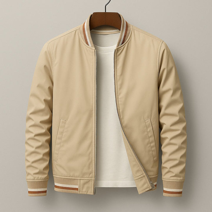 Side profile of men's stylish windbreaker jacket showcasing modern fit and design