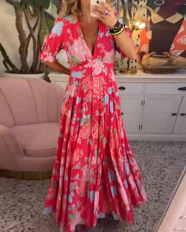 Side profile of a model wearing the vibrant summer maxi dress
