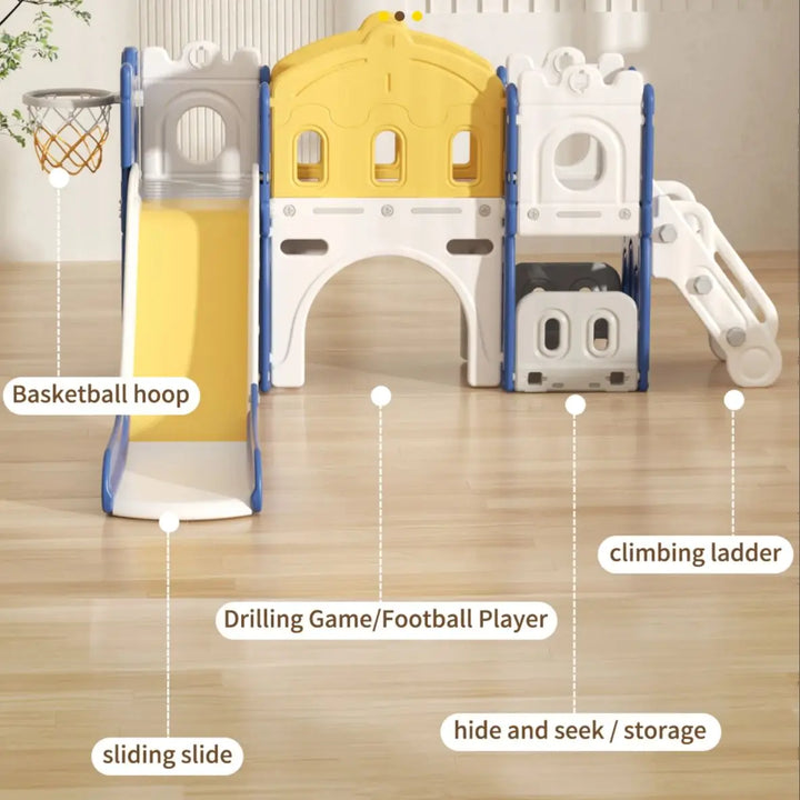Close-up features diagram of the baby play set including basketball hoop and slide