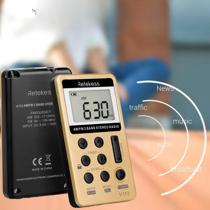 Rechargeable travel AM FM radio angled to highlight control buttons and compact size