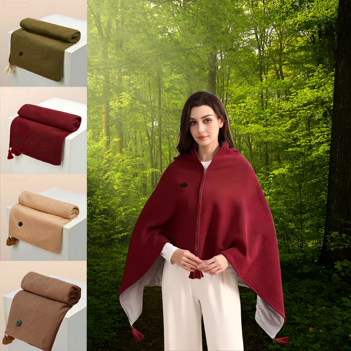 Women's cordless USB heated shawl displayed in multiple color options against a forest backdrop