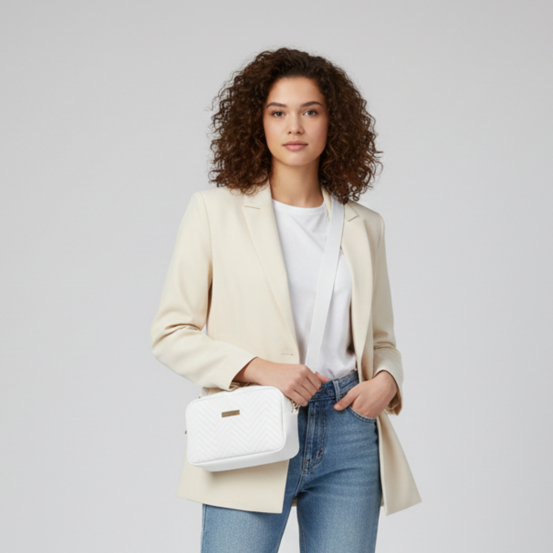 Model wearing a white quilted mini crossbody bag with a cream blazer and jeans