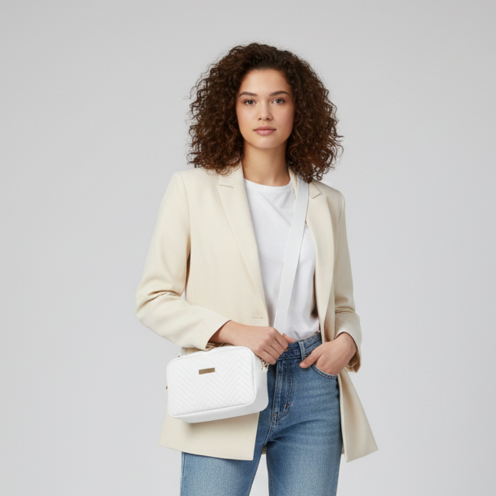 Model wearing a white quilted mini crossbody bag with a cream blazer and jeans