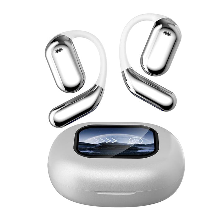 Close-up of open ear headphones showing comfortable fit and finish