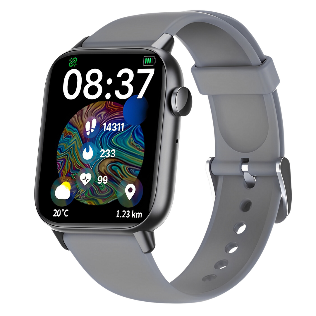 Activity tracker smartwatch displaying daily step count, calories burned, and distance stats