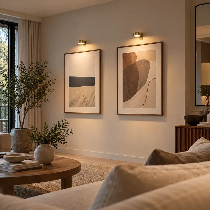 Cordless rechargeable LED picture light illuminating framed artwork on a living room wall
