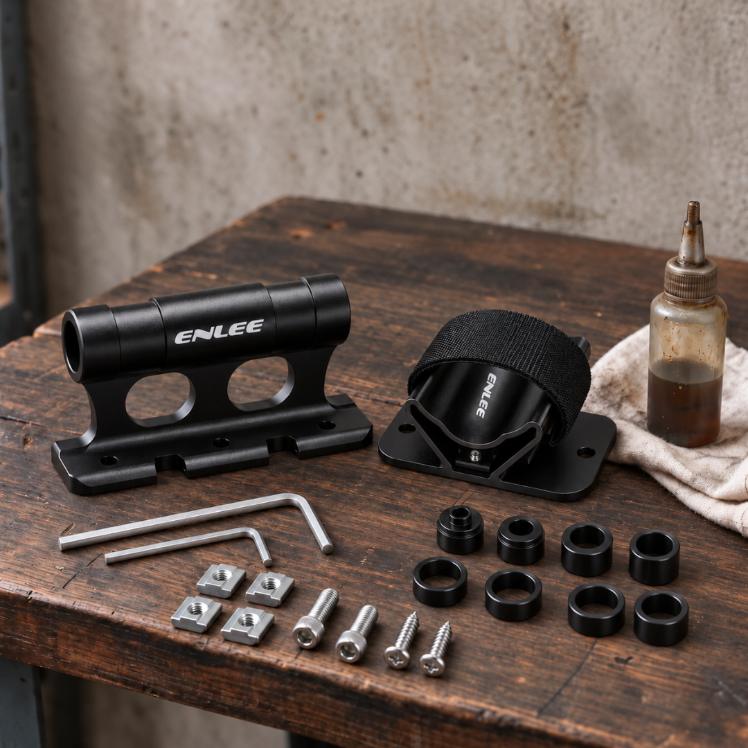 Complete bike mount kit with adapters, screws, and rear wheel strap on a wooden table